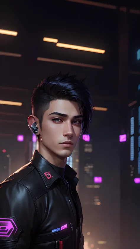 Change background cyberpunk handsome boy, realistic face, sk, hiru realistic,