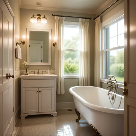 Simple traditional bathroom designs with  Mirror and Window Treatments