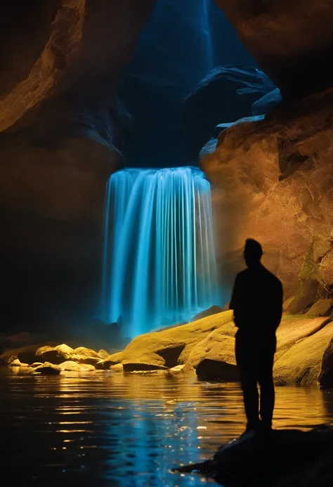 Create a striking neon punk scene that immerses viewers in the otherworldly beauty of a radiant waterfall. Pay special attention to the play of light and shadow in the water cascade. Use bioluminescent colors to create an atmosphere of mystique and punk ae...