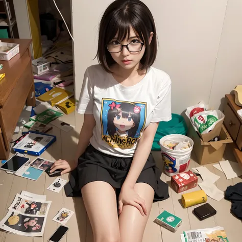 (8K、Raw photography、Top image quality、​masterpiece、:1.2)、(realisitic、Photorealsitic:1.37)、女の子1人、独奏、(Sitting on the garbage in an incredibly dirty room、Cute Japan girl operating smartphone:1.4)、Anime Otaku Girls、A dark-haired、short-hair、dishevled hair、Unkem...