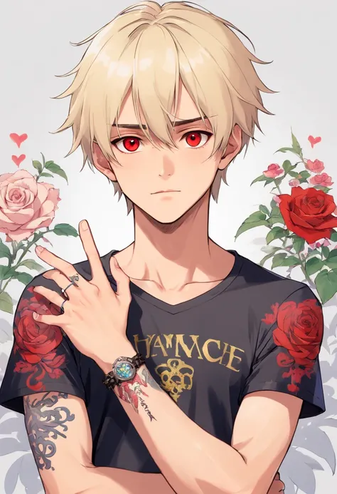 a tall, intimidating handsome highschool boy, with straight, platinum blond hair. blood-red eyes. He is covered in tattoos from neck below, including his torso, back, arms, hands, legs, and ankles. The words “KING” and “LIFE” are tattooed on his fingers. H...