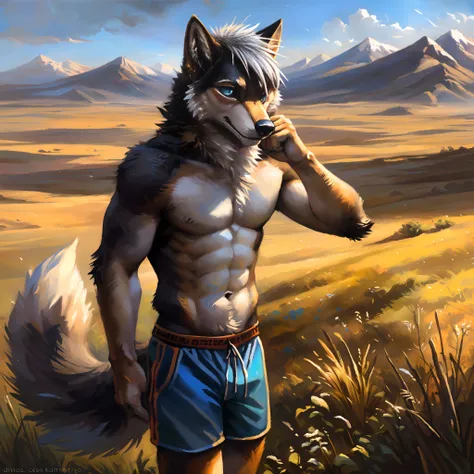 ((Solo)), male people, anthro wolf, (Multi-colored fur, White-brown:1.3), ((Wolf face, White hair, Big eyes, White eyelids, Blue pupil, Slim:1.2) (Tough, Calm expression:1.2)), Abs, Slim, pinging)), (Correct anatomy), (Work shorts:1.1), (Contour bone:1.2),...