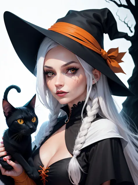 High quality design vector style image, t-shirt print style, graphic art white background of a Halloween style witch, bright and realistic colors, old style witch with a pointy hat, nose with a wart and a black cat at her side, fantasy style scenery hallow...