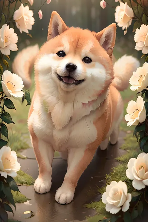 photo real, baby dog, cute, Shiba Inu, fluffy, surrounded by ethereal roses, risos, melhor qualidade, alta resolução, detalhes intrincados, fantasia, animais bonitos, Esquerda, humorous.