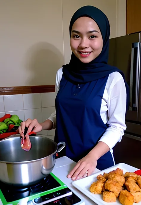 (1 malay girl in hijab) malay woman wears a blue apron on her body、25-years old。Cooking。