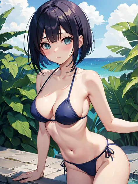 ((4K,masutepiece,Best Quality)), 1girl,navy blue bob hair,navy green eyes,cute,blush,girlfrend,medium breast, swimsuit,