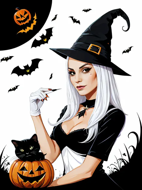 High quality design vector style image, t-shirt print style, graphic art white background of a Halloween style witch, bright and realistic colors, old style witch with a pointy hat, nose with a wart and a black cat at her side, fantasy style scenery hallow...