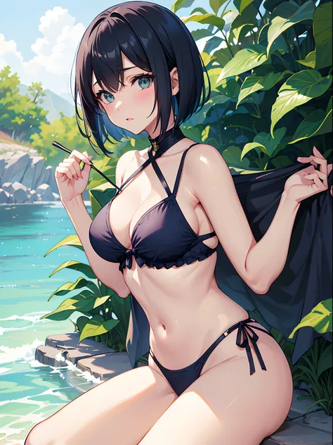 ((4K,masutepiece,Best Quality)), 1girl in,Navy blue bob hair,Navy green eyes,Cute,blush,girlfriend,medium breasts⁩, Swimsuit,