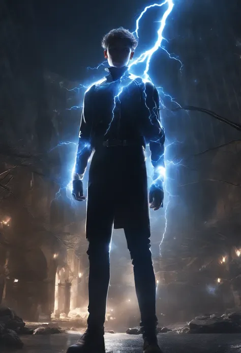 (17-year-old young man in soul body with blue and black lightning particles emitting around it), 3D rendering, movie special effects, movie lighting, city in ruins, clear HD, 8K resolution, very detailed, digital painting, concept art, Shinkai Makoto style...