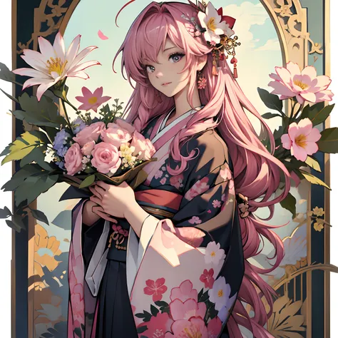 ((​masterpiece)),((top-quality))、Original Characters、A pink-haired 、Kimono、Floral hair ornament、long hair with a bouquet of flowers、Facing the front