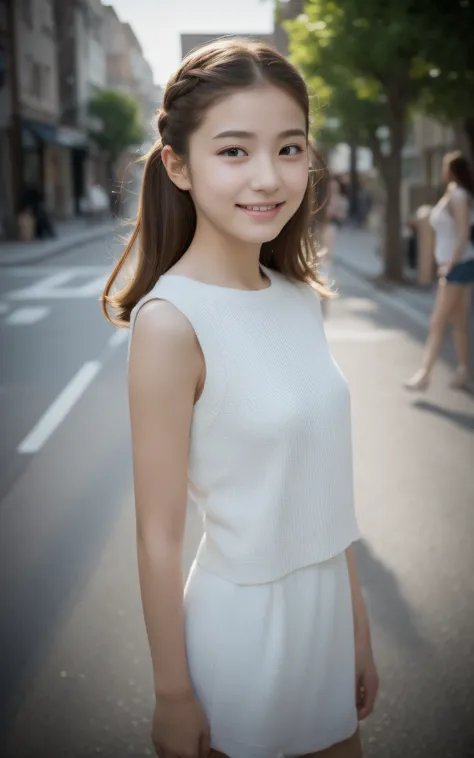 Top quality, realistic, perfect human body structure, very detailed, very delicate and beautiful, RAW photography, walking, residential street, dynamic pose, professional lighting, luminescence, depth of field, single focal, ((full body)), 13 year old girl...