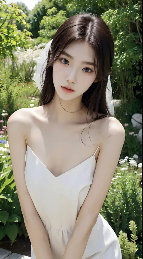 Japanese and Korean beauties，18yr old，Pure and cute，16K HD is realistic，Photographic quality，delicated face，mesmerizing eyes，二重まぶた，long eyelasher，sensual lip，Slim and slim，White skin，Realistic slender five fingers，In the background garden，Ethereal beauty