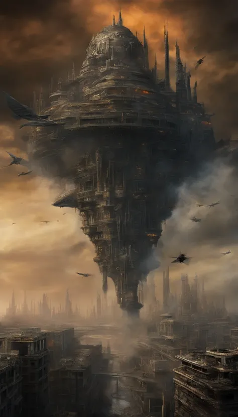 (sci fi art:1.5), Sci-fi post-apocalyptic world, (flying city:1.7), A white flying castle is located above, (The huge mechanism spews smoke:1.3), Panoramic view, Clouds of smoke, dark cloude, (Masterpiece), (Vivid colors:1.6)