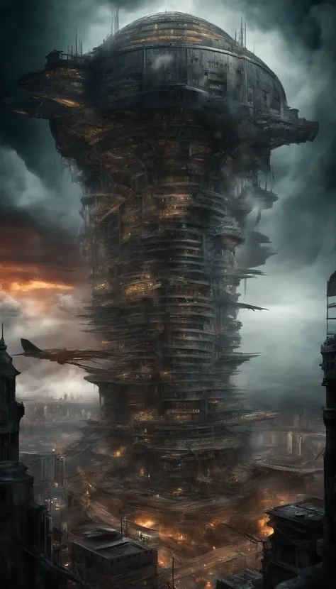 (sci fi art:1.5), Sci-fi post-apocalyptic world, (flying city:1.7), A white flying castle is located above, (The huge mechanism spews smoke:1.3), Panoramic view, Clouds of smoke, dark cloude, (Masterpiece), (Vivid colors:1.6)