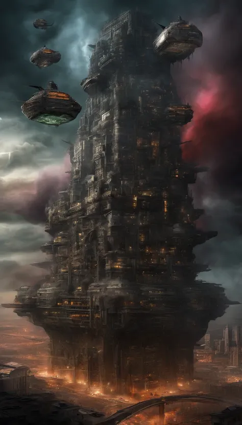 (sci fi art:1.5), Sci-fi post-apocalyptic world, (flying city:1.7), A white flying castle is located above, (The huge mechanism spews smoke:1.3), Panoramic view, Clouds of smoke, dark cloude, (Masterpiece), (Vivid colors:1.6)