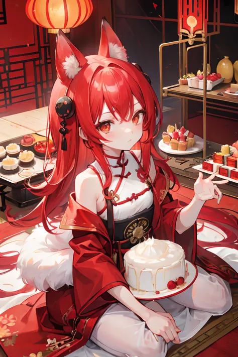 red tinted hair，Red fox ears，Golden eyes，child，chiquita，Hanfu，China-style，morango，Cream cake