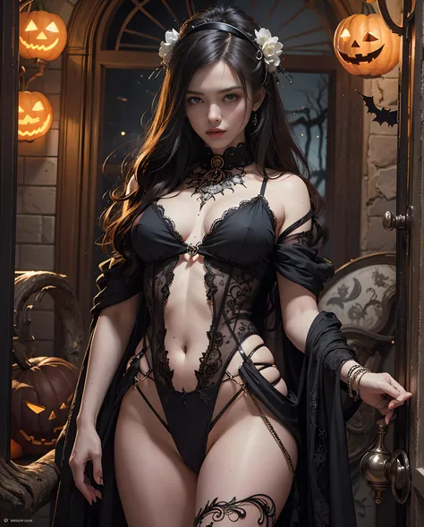 Best quality, masterpiece, meticulous details, intricate detail, realistic, a hot futuristic lady amidst spooky halloween vibes