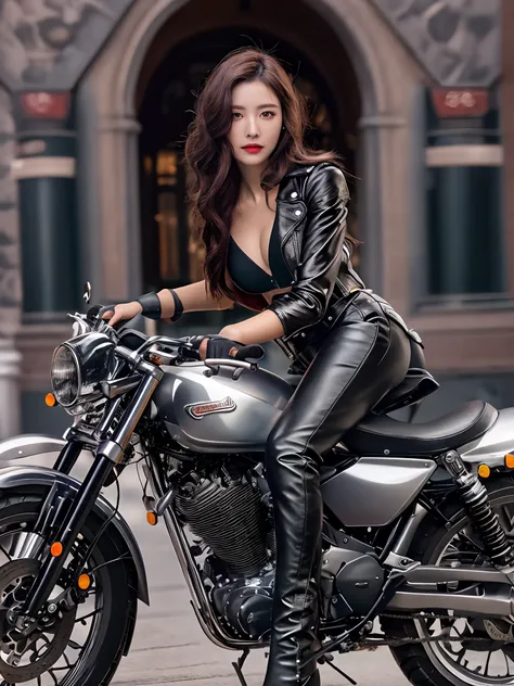 (masutepiece), Full body shot, photo of the whole motorcycle, Cute young woman, Ride an old traditional shiny metallic silver motorcycle in the city, glamorous shape, shoulder length shiny smooth hair, Wearing a leather black sports bra, Glossy satin red b...