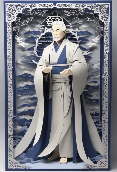 Gray-haired middle-aged man，Lightning bolt in hand, Blue Taoist robe, Strong