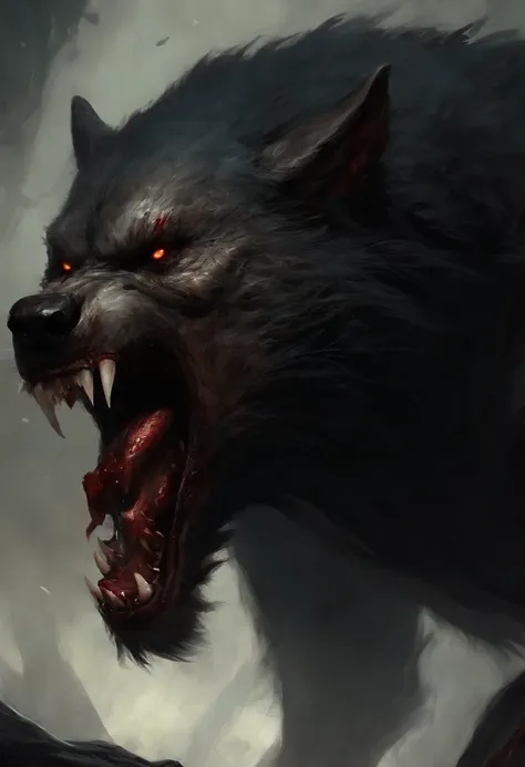 A painting of a werewolf creature with a bloodied fangs, carnage, Sci - Horror Art of Fiction, Science fiction horror artwork, inspired by Aleksi Briclot, wolf, de carnage, Horror fantasy art, par Aleksi Briclot, Horror concept art, venin, Art fantastique ...