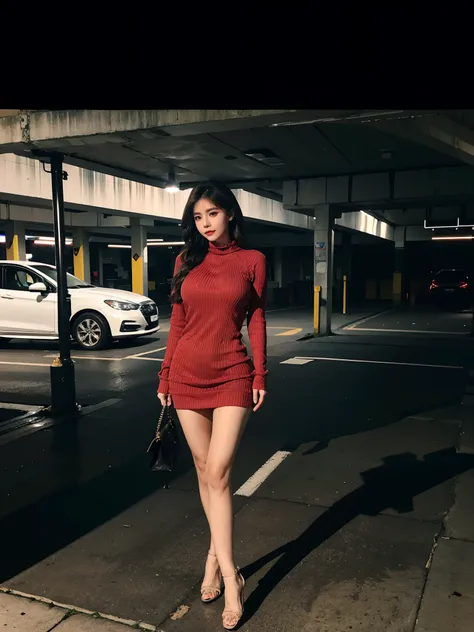 Extremely detailed, Underground parking, filigree, Slightly fat, plumw, Bigchest, huge tit, I cups, Raised sexy, Red crewneck dress, conservative, Refined face, largeaperture,Long legs，thick leg：1.5)