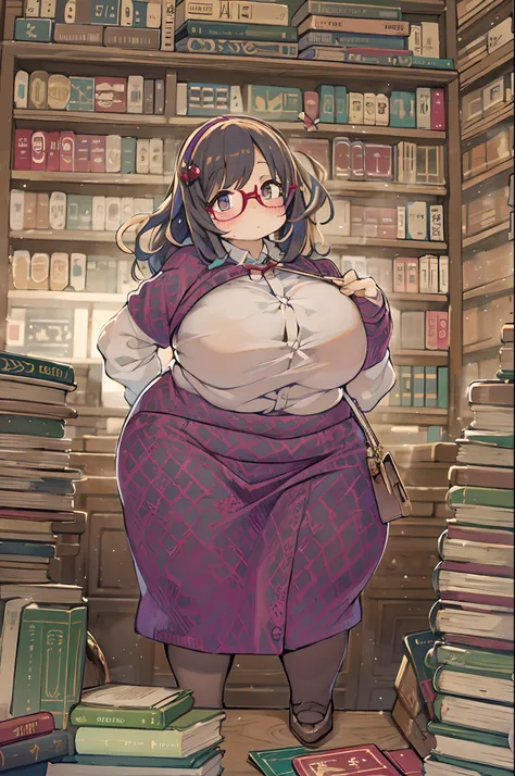 Huge library、1 librarian、One Woman、small round glasses、bbw