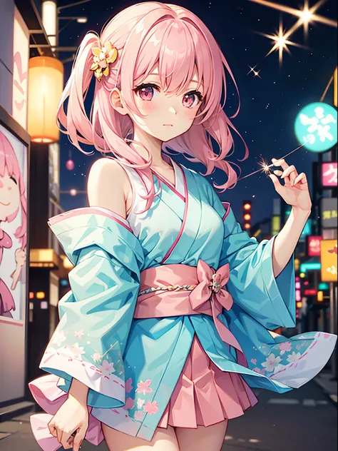 One girl、Pink hair、PastelColors、Cute、blush, kimono skirt, sparklers