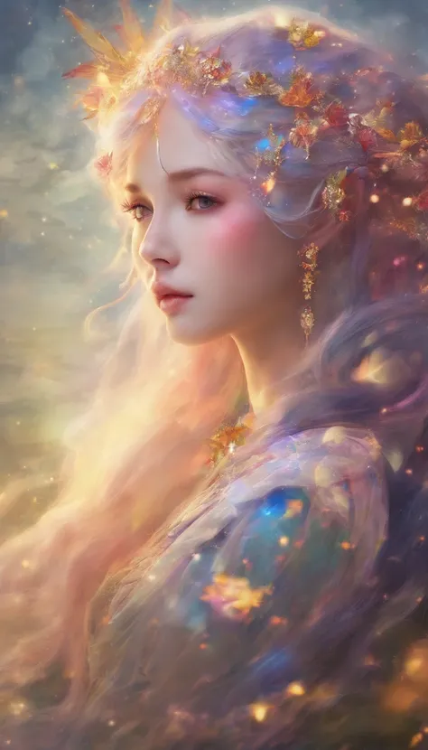 Goddess of dreams，Multi-colored hair，Chinese face，delicated face，rosto magro，Bokeh background，dream magical，on focus，tmasterpiece