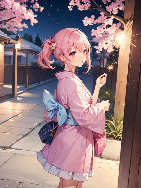 One girl、Pink hair、PastelColors、Cute、blush, kimono skirt, sparklers