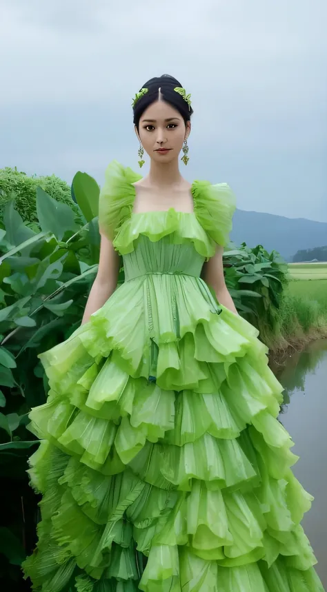 Arad woman in a green dress standing next to a body of water, dress made of green leaves, wearing a dress made of vines, wearing a neon green dress, Green dress, Wearing a gorgeous dress, dress made of leaves, dress of leaves, full body green dress, expens...