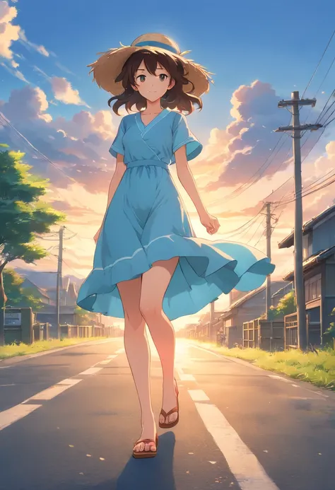 high quality, 8K Ultra HD, high detailed, 3D effect, A digital illustration of anime style, soft anime tones, ufotable, sunset, beautiful woman walking on the road, summer sky, Summer clouds spreading far away, beautiful face, beautiful eyes, scattered clo...