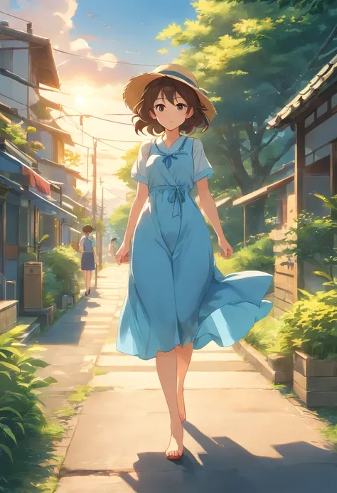 high quality, 8K Ultra HD, high detailed, 3D effect, A digital illustration of anime style, soft anime tones, ufotable, sunset, beautiful woman walking on the road, summer sky, Summer clouds spreading far away, beautiful face, beautiful eyes, scattered clo...