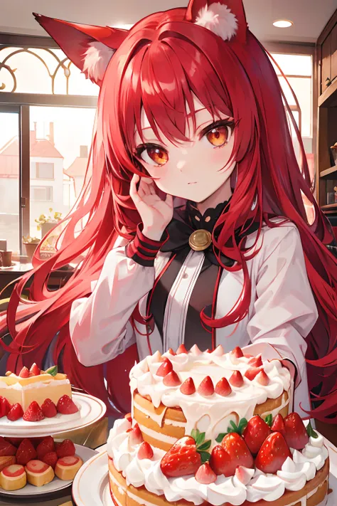 red tinted hair，Red fox ears，Golden eyes，child，morango，Strawberry cream cake