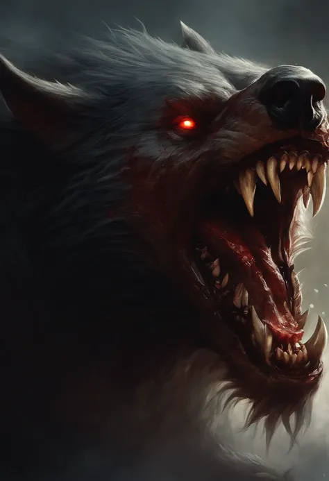 A painting of a werewolf creature with a bloodied fangs, carnage, Sci - Horror Art of Fiction, Science fiction horror artwork, inspired by Aleksi Briclot, wolf, de carnage, Horror fantasy art, par Aleksi Briclot, Horror concept art, venin, Art fantastique ...