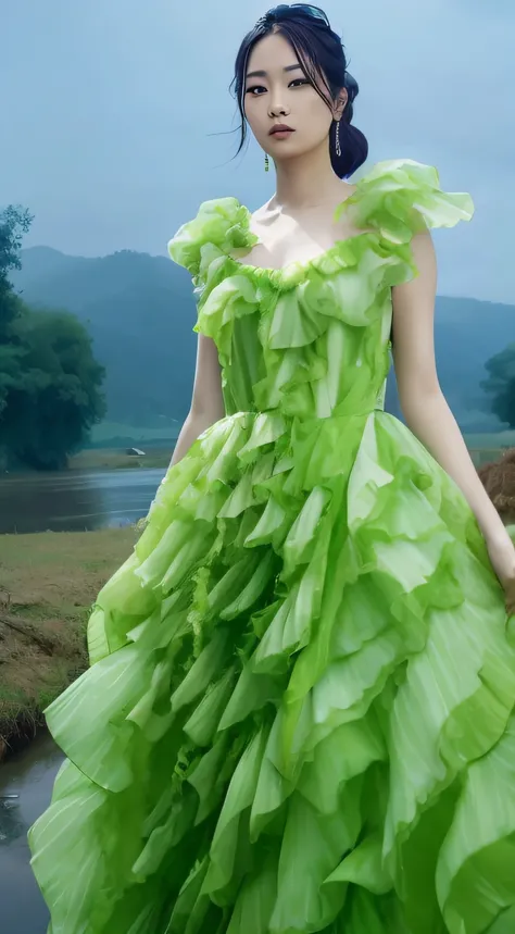 Araki woman in green dress standing by the water, dress made of green leaves, wearing a dress made of vines, Green dress, floating dress, wearing a dress made of water, dress of leaves, dreamy dress, dress made of leaves, wearing flowing dress, tattered gr...