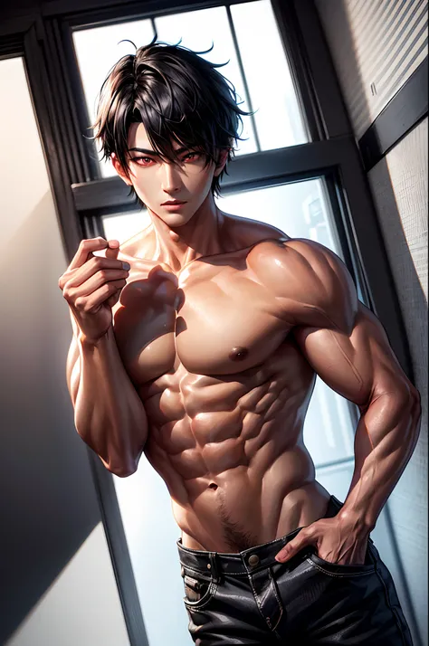 1male, handsome boy, body length 180 cm, (black short hair, Korean hairstyle), ((red eyes)), (beautiful and sharp eyes), ((muscles)), ((without shirt)), ((Half naked body)), semi-naked, He wears pants without a shirt, Naked in the upper half of the body, (...