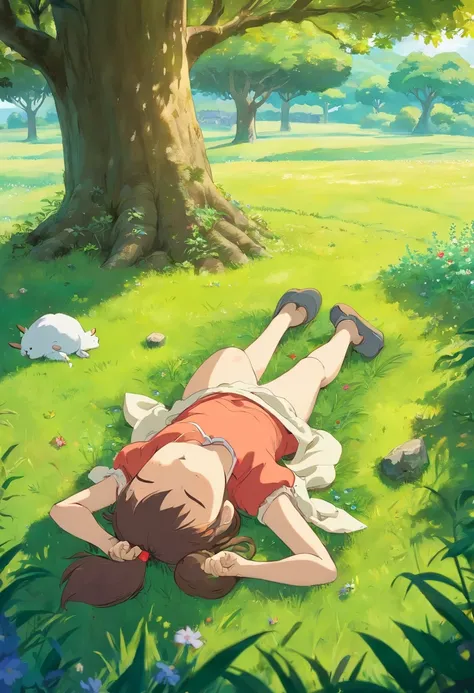 a young girl sleeping on the gras under a tree , nice  view