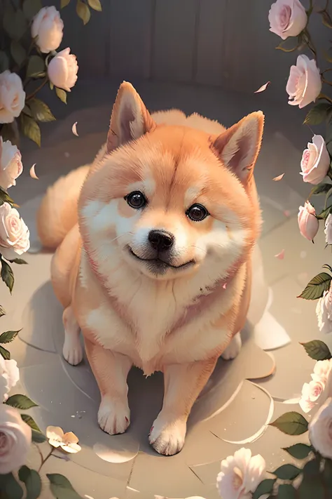 photo real, baby dog, cute, shiba inu, fluffy, surrounded by ethereal roses, risos, melhor qualidade, alta resolução, detalhes i...