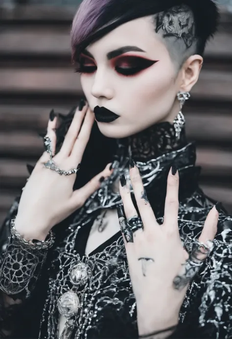 raditional japanese emo geisha skinhead, hairgoth, emo goth spikey fashion shoot editorial style, Hypebeast ultra fast fashion gang signs with goth emo accessories