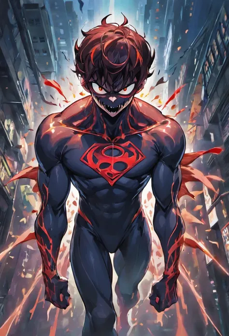 A powerful, muscular Superman merged with the dark and menacing presence of Venom. (best quality,4k,8k,highres,masterpiece:1.2), ultra-detailed, (realistic,photorealistic,photo-realistic:1.37), comic-book style, intense color palette, dynamic lighting, (al...