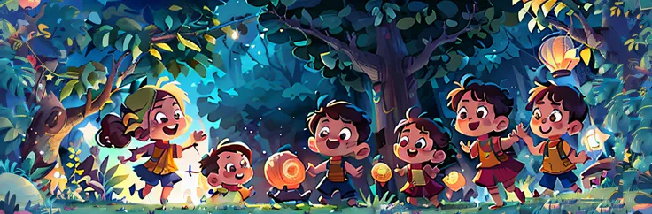 Poster design, (SFW), a group children boy and girl are jumping high forward together with lanterns on hand in dark sky with yellow moon, the banyan tree on the Moon, fine facial features, asia children, summer, mid-autumn festival, moon festival, star lan...