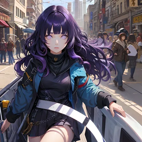 masterpiece,best quality,1girl,solo,market,wavy hair,Blunt Bangs, purple eyes, long dark blue hair