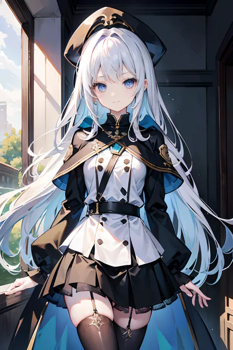 masutepiece、top-quality、ultra-detailliert、Unreal、absurderes、One lady、A slender、limbs are thin、cool、white long hair、The girls hair is much longer than her height、Hair long enough to drag、Blue eyes、Military Uniform、Thick long black skirt、Black tights、black g...