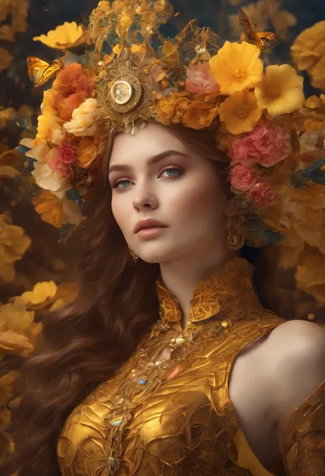 absurdres, highres, ultra detailed, (1girl:1.3), fantasy steampunk attire , psychedelic, fractal patterns, geometric figures, dynamic, bright colors, (flowers, petals), (gold and yellow:1),