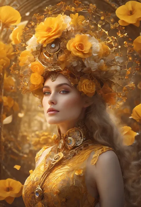 absurdres, highres, ultra detailed, (1girl:1.3), fantasy steampunk attire , psychedelic, fractal patterns, geometric figures, dynamic, bright colors, (flowers, petals), (gold and yellow:1),