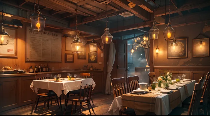 Inside the restaurant，Midnight dinner, Dimly lit scene, Cozy atmosphere, Delicious aroma, Steam rises from the food, The sizzle of fried food on the grill, Greasy and tasty dishes, Comfortable and warm, Nostalgic décor, Shabby wooden table, Mismatched chai...