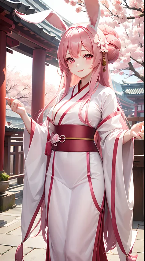 1 girl, Hanfu, temple, look closer, cherry blossom, long pink hair, pink colour eyes, smiling, cute reaction, beautiful, pale skin, perfect body figure, A size cup breast 1:3, cute , bunny ears