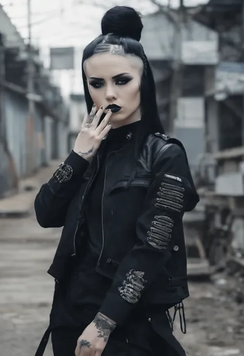 traditional japanese emo geisha skinhead, hairgoth, emo goth spikey fashion shoot editorial style, Hypebeast ultra fast fashion gang signs with goth emo accessories