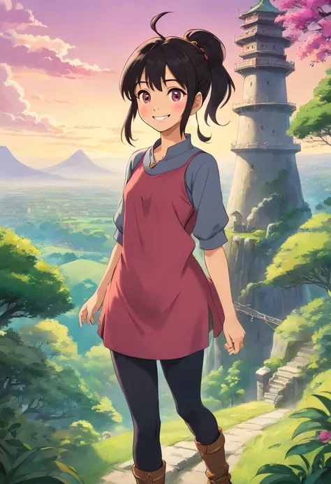 1girl, tan, happy, smile, confident, looking at viewer, upper body focus, tunic, tank top, leggings, boots, magenta eyes, black hair, big ponytail, nature, tower, blurry blackground, sunny