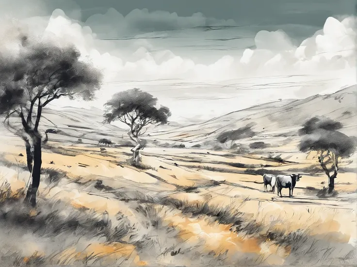 Serengeti landscape painting, ink and watercolor painting, water ink, ink, Stain, Distant view, Ultra wide angle of view, Meticulous, Five cows scheme, Five scalps, Riverside, grassy fields, Tree, Landscape is a mountain，（8k wall paper），，light and shadow e...